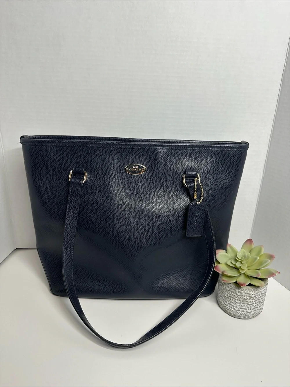 Coach Navy Pebbled Leather Tote with Tag and Gold Accent